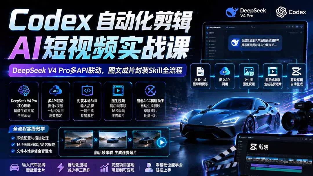 Codex自动化剪辑AI短视频实战课|DeepSeek V4 Pro多API联动,图文成片封装Skill全流程-卓越网创