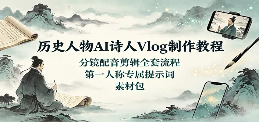 历史人物AI诗人Vlog制作教程：分镜配音剪辑全套流程，第一人称专属提示词素材包-卓越网创