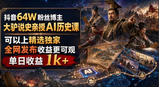 抖音64W粉丝博主大驴说史亲授AI历史课，可以上精选独家，全网发布收益更可观，单日收益1k+-卓越网创