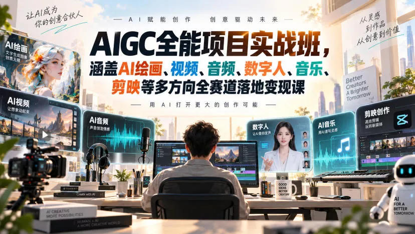 AIGC全能项目实战班，涵盖AI绘画、视频、音频、数字人、音乐、剪映等多方向全赛道落地变现课-卓越网创