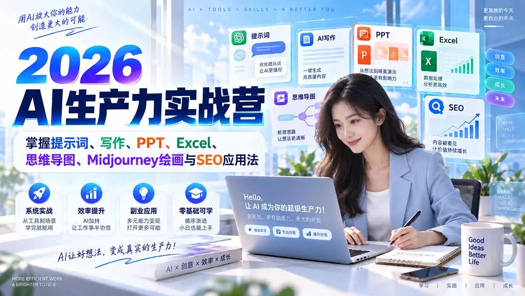 2026AI生产力实战营:掌握提示词、写作、PPT、Excel、思维导图、Midjourney绘画与SEO应用法-卓越网创