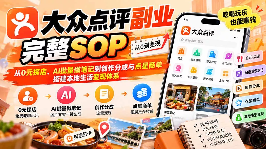 【无水印】大众点评副业完整SOP：从0元探店、AI批量做笔记到创作分成与点星商单，搭建本地生活变现体系-卓越网创