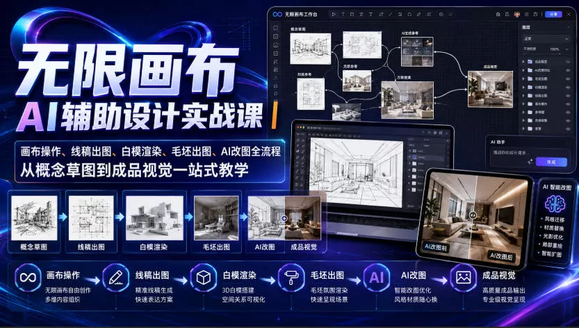 无限画布AI辅助设计实战课|画布操作、线稿出图、白模渲染、毛坯出图、AI改图全流程,从概念草图到成品视觉一站式教学-卓越网创