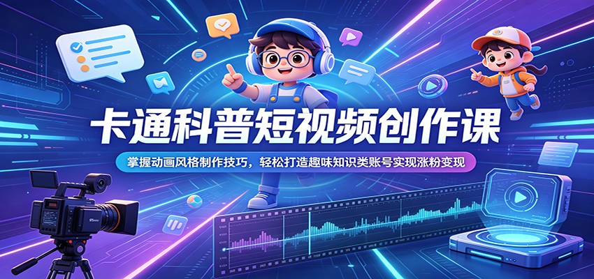 卡通科普短视频创作课：掌握动画风格制作技巧，轻松打造趣味知识类账号实现涨粉变现-卓越网创