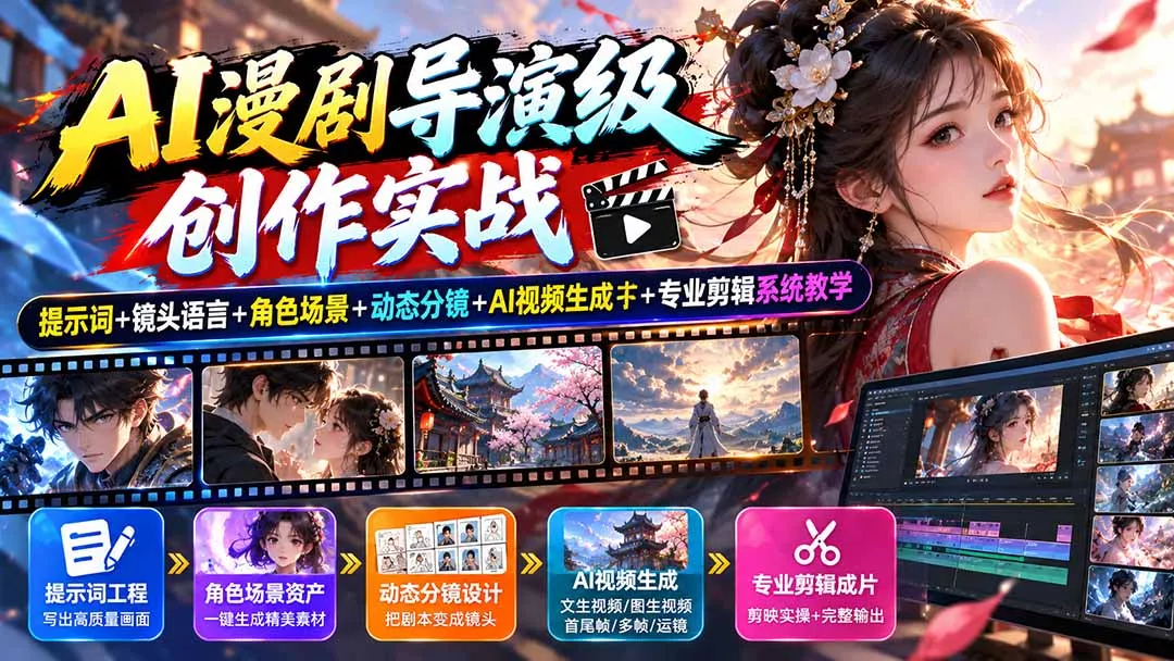 AI漫剧导演级创作实战：提示词+镜头语言+角色场景+动态分镜+AI视频生成+专业剪辑系统教学-卓越网创