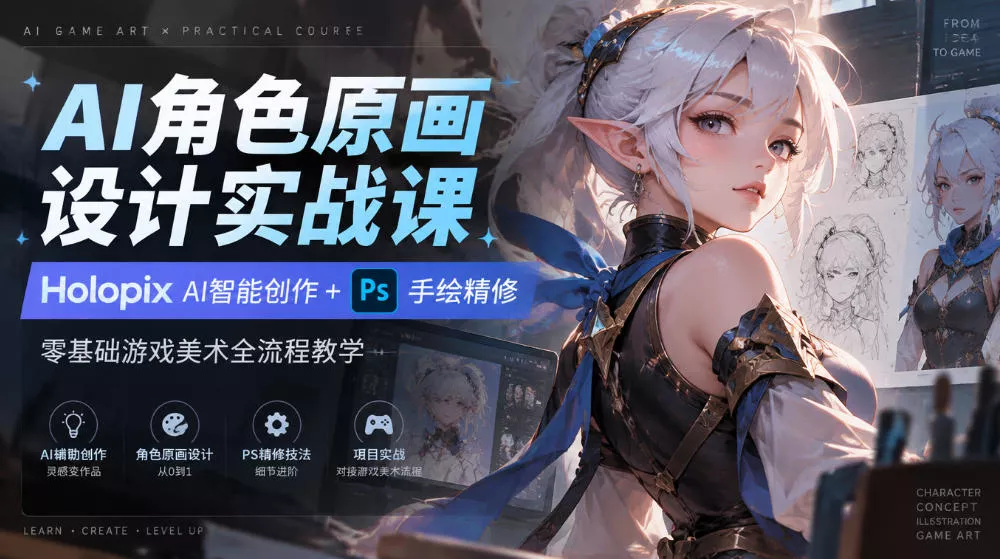 AI角色原画设计实战课｜Holopix AI智能创作+PS手绘精修，零基础游戏美术全流程教学-卓越网创