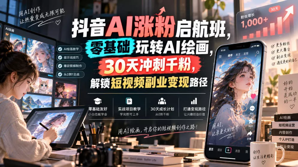 抖音AI涨粉启航班，零基础玩转AI绘画，30天冲刺千粉，解锁短视频副业变现路径-卓越网创