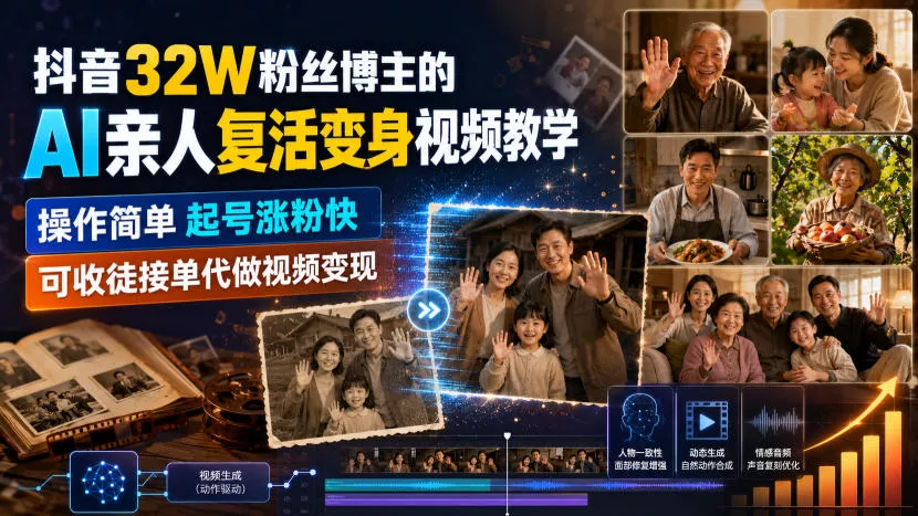 抖音32W粉丝博主的AI亲人复活变身视频教学，操作简单，起号涨粉快，可收徒接单代做视频变现-卓越网创
