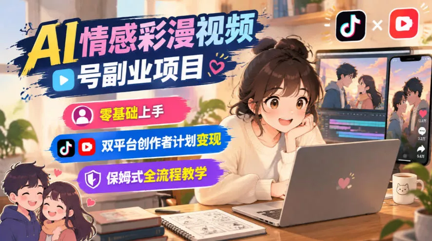 AI情感彩漫视频号副业项目，零基础上手，双平台创作者计划变现，保姆式全流程教学-卓越网创