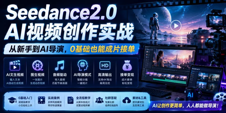 Seedance2.0 AI视频创作实战,从新手到AI导演,0基础也能成片接单变现 Seedance2.0 AI视频创作实战,从新手到AI导演,0基础也能成片接单变现