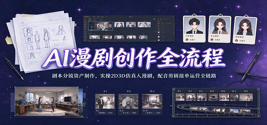AI漫剧创作全流程：剧本分镜资产制作，实操2D3D仿真人漫剧，配音剪辑接单运营全链路-卓越网创
