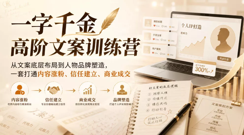 一字千金高阶文案训练营,从文案底层布局到人物品牌塑造,一套打通内容涨粉、信任建立、商业成交 一字千金高阶文案训练营,从文案底层布局到人物品牌塑造,一套打通内容涨粉、信任建立、商业成交