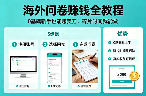 海外问卷賺钱全教程，0基础新手也能賺美刀，碎片时间就能做-卓越网创