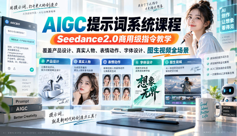 AIGC提示词系统课程,Seedance2.0商用级指令教学,覆盖产品设计、真实人物、表情动作、字体设计、图生视频全场景-卓越网创