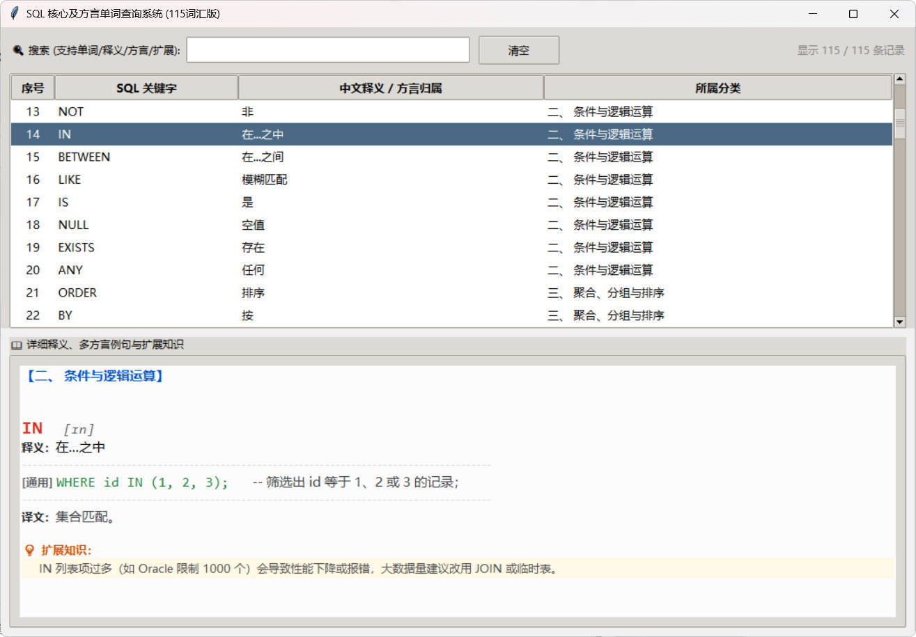SQL常用核心单词查询115词客户端-卓越网创