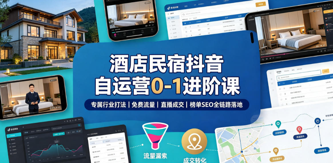 酒店民宿抖音自运营0-1进阶课|专属行业打法、免费流量+直播成交+榜单SEO全链路落地-卓越网创