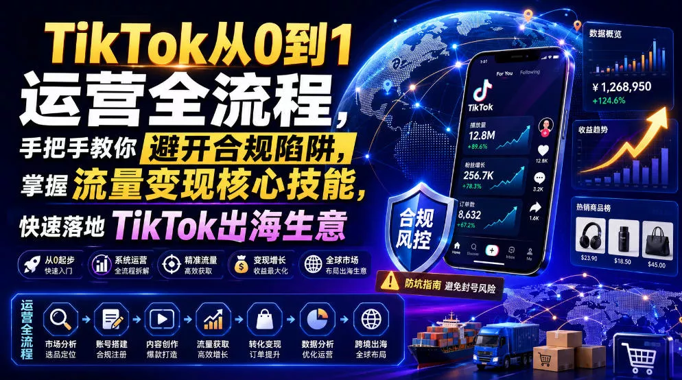 TikTok从0到1运营全流程，手把手教你避开合规陷阱，掌握流量变现核心技能，快速落地TikTok出海生意(更新7月)-卓越网创