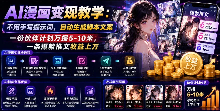 AI漫画变现教学:不用手写提示词,自动生成脚本文案,一份伙伴计划万播5-10米,一条爆款推文收益上W AI漫画变现教学:不用手写提示词,自动生成脚本文案,一份伙伴计划万播5-10米,一条爆款推文收益上W