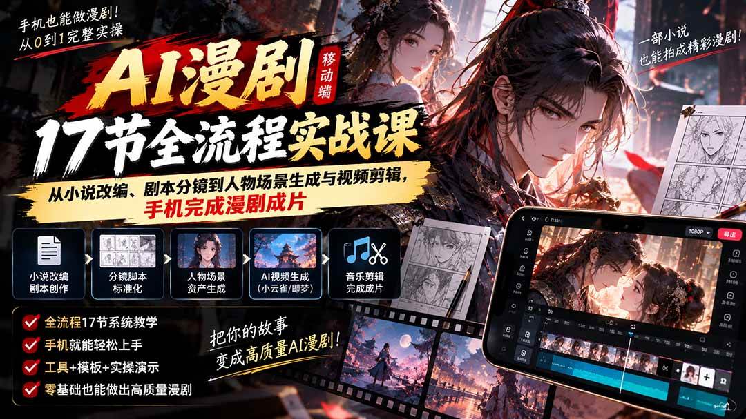 （20624期）AI漫剧移动端17节全流程实战课：从小说改编、剧本分镜到人物场景生成与视频剪辑，手机完成漫剧成片-卓越网创