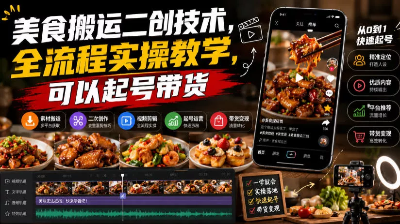 美食搬运二创技术，全流程实操教学，可以起号带货-卓越网创