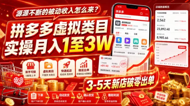 源源不断的被动收入怎么来?拼多多虚拟类目实操月入1至3W,3-5天新店破零出单 源源不断的被动收入怎么来?拼多多虚拟类目实操月入1至3W,3-5天新店破零出单
