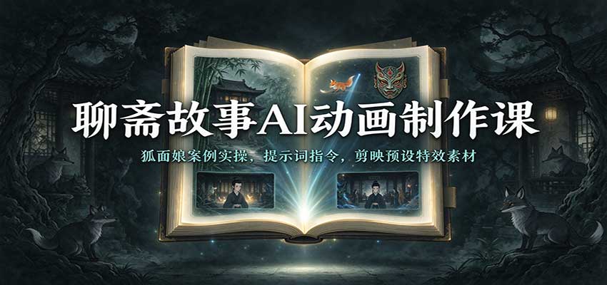 聊斋故事AI动画制作课：狐面娘案例实操，提示词指令，剪映预设特效素材-卓越网创