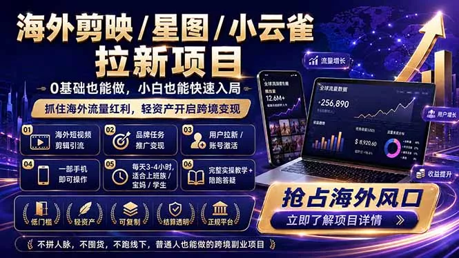 海外剪映 / 星图 / 小云雀拉新项目 普通人也能上手的跨境流量变现副业-卓越网创