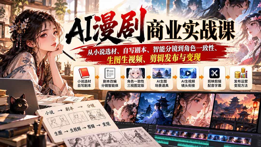 （20811期）AI漫剧商业实战课：从小说选材、自写剧本、智能分镜到角色一致性、生图生视频、剪辑发布与变现-卓越网创