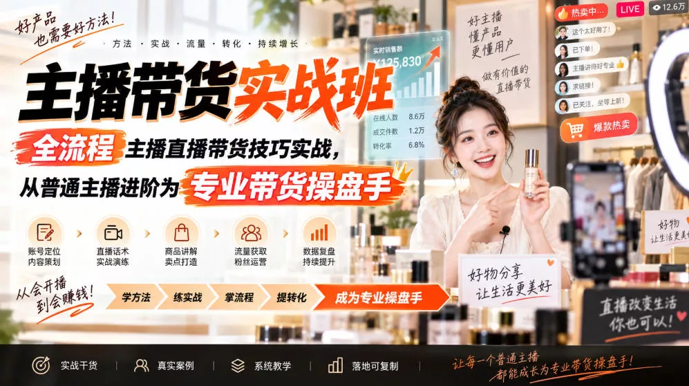 主播带货实战班ZB，全流程主播直播带货技巧实战，从普通主播进阶为专业带货操盘手-卓越网创