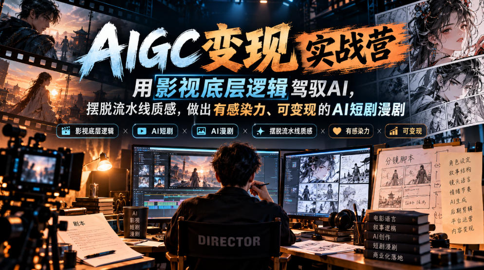 AIGC变现实战营，用影视底层逻辑驾驭AI，摆脱流水线质感，做出有感染力、可变现的AI短剧漫剧-卓越网创