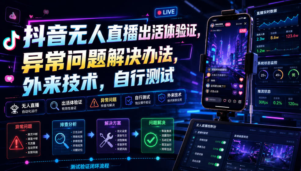 抖音无人直播出活体验证，异常问题解决办法，外来技术，自行测试-卓越网创