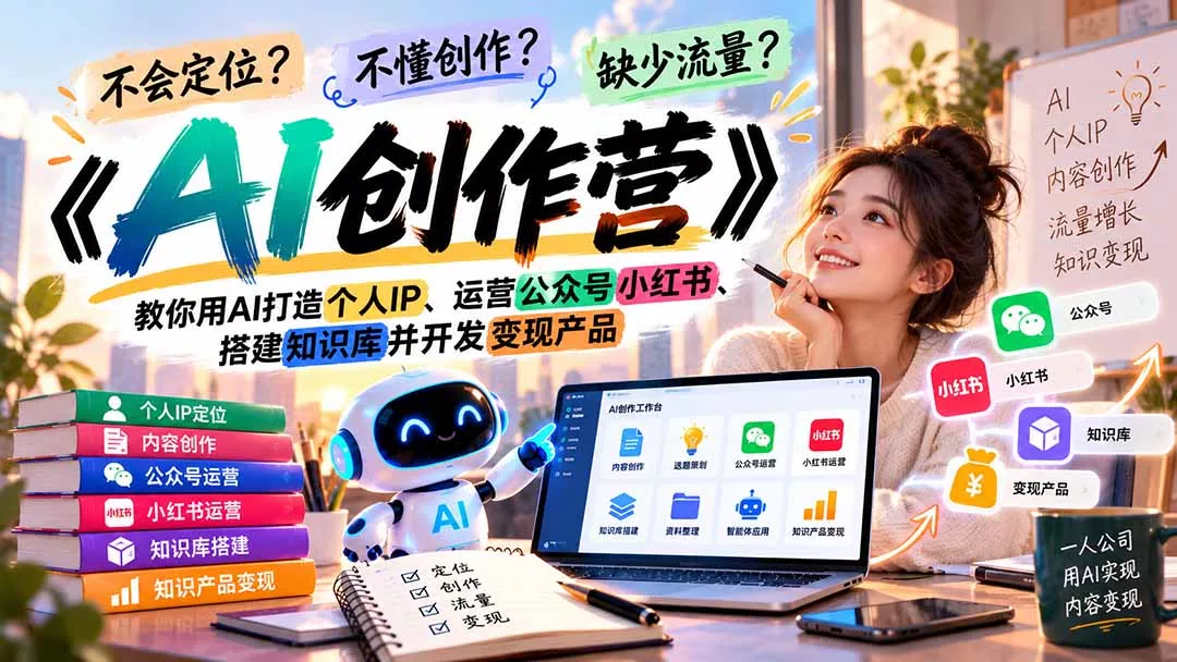 不会定位、不懂创作、缺少流量？《AI创作营》教你用AI打造个人IP、运营公众号小红书、搭建知识库并开发变现产品-卓越网创