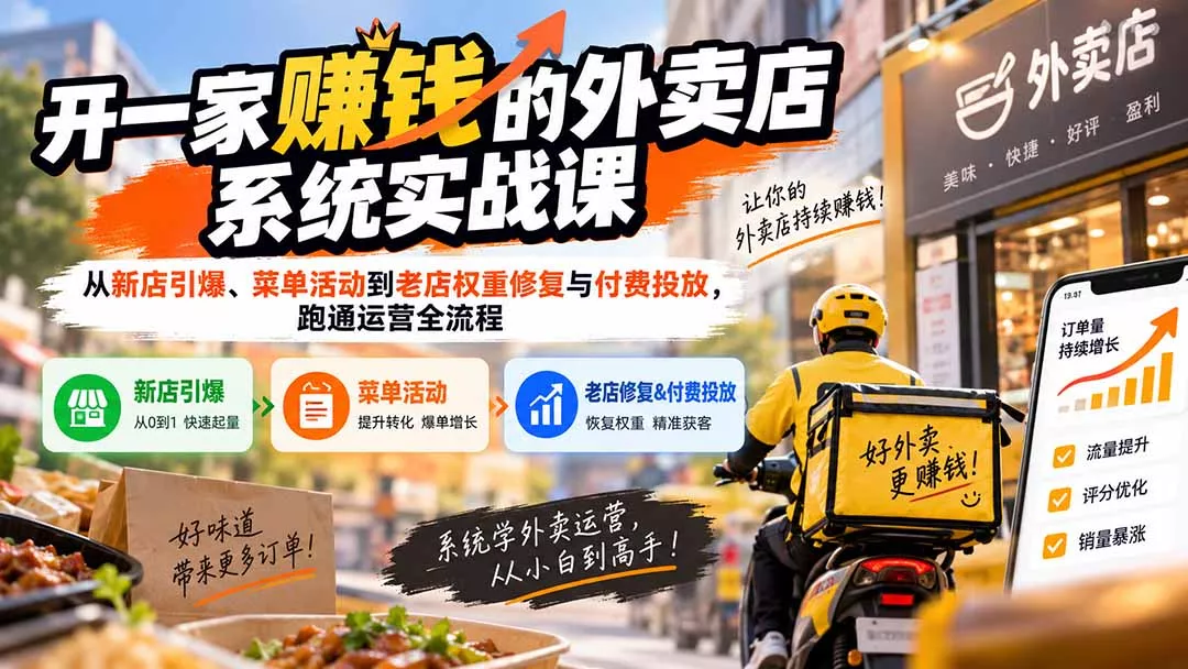 开一家赚钱的外卖店系统实战课:从新店引爆、菜单活动到老店权重修复与付费投放,跑通运营全流程-卓越网创