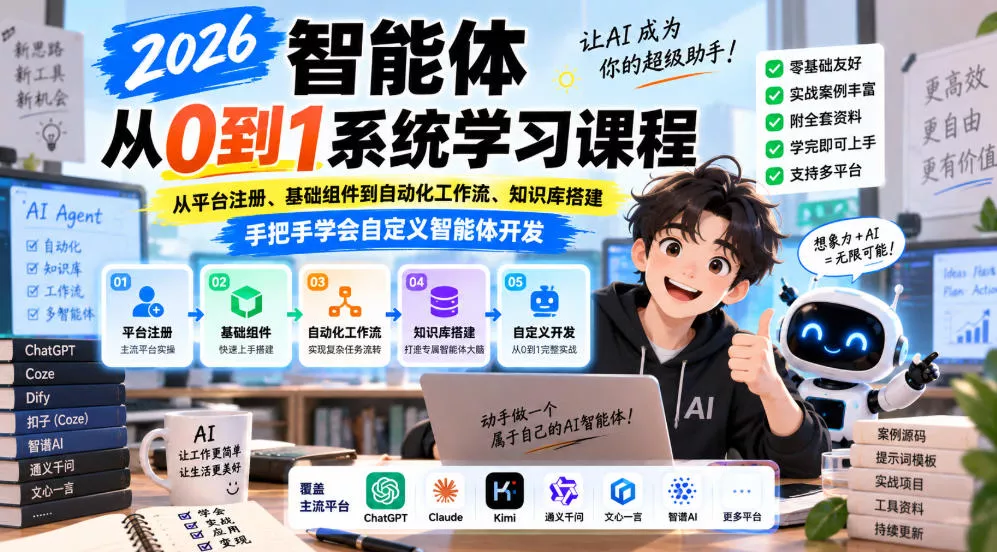 2026智能体从0到1系统学习课程，从平台注册、基础组件到自动化工作流、知识库搭建，手把手学会自定义智能体开发-卓越网创
