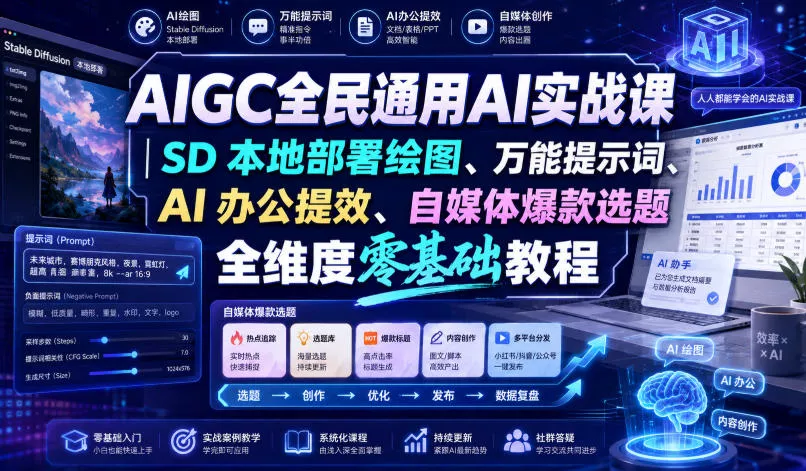 AIGC全民通用AI实战课|SD本地部署绘图、万能提示词、AI办公提效、自媒体爆款选题全维度零基础教程-卓越网创