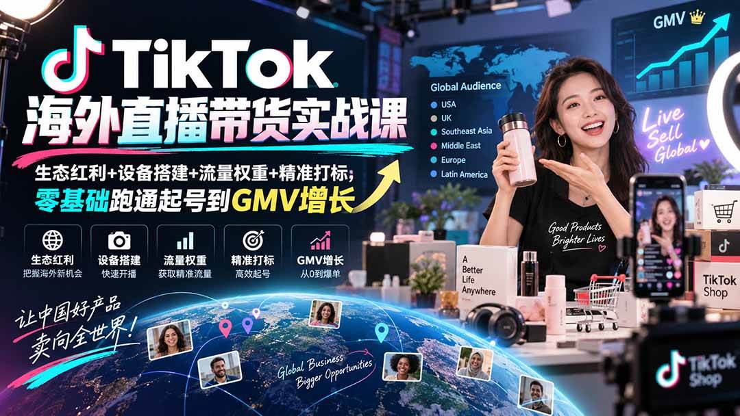 （20465期）TikTok海外直播带货实战课｜生态红利+设备搭建+流量权重+精准打标，零基础跑通起号到GMV增长-卓越网创