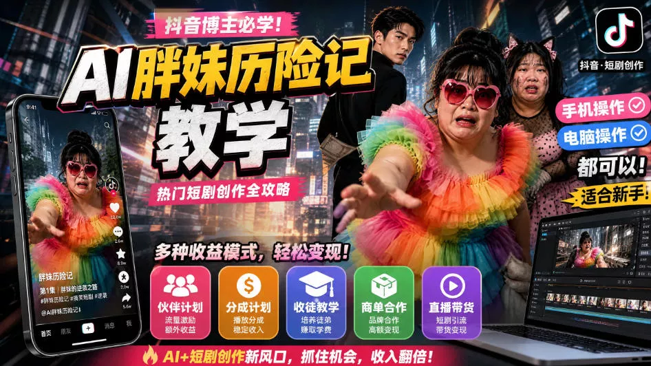 抖音博主的AI胖妹历险记教学,伙伴计划+分成计划+收徒+商单等多种收益,适合新手,手机电脑都可以操作-卓越网创