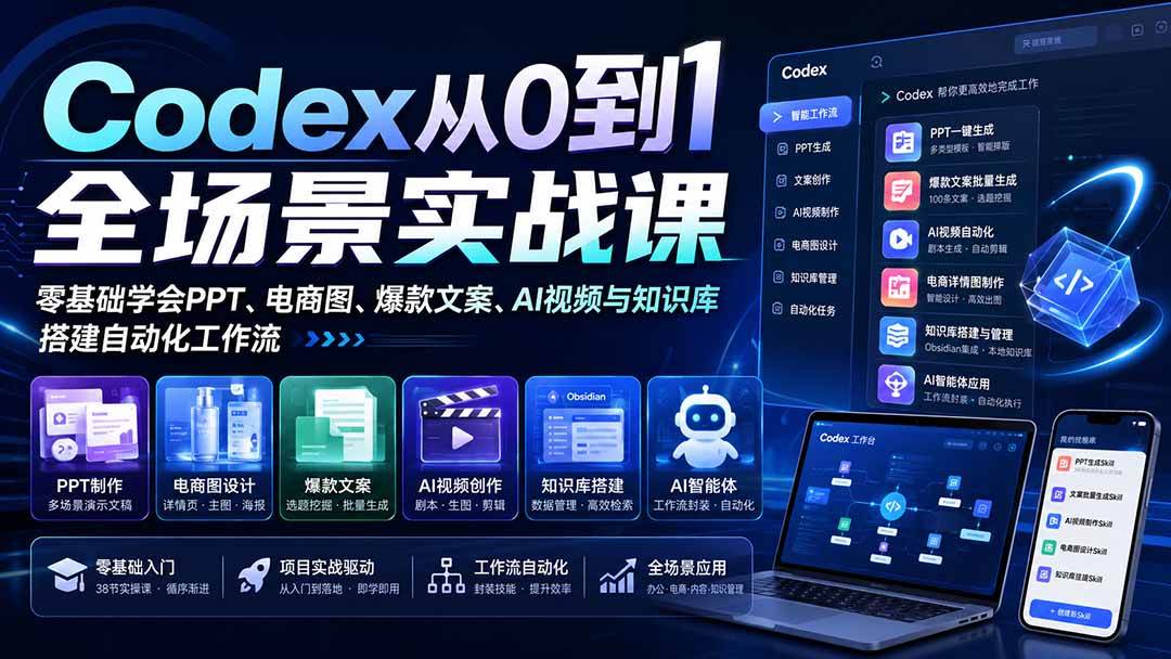 （20041期）Codex从0到1全场景实战课：零基础学会PPT、电商图、爆款文案、AI视频与知识库，搭建自动化工作流-卓越网创