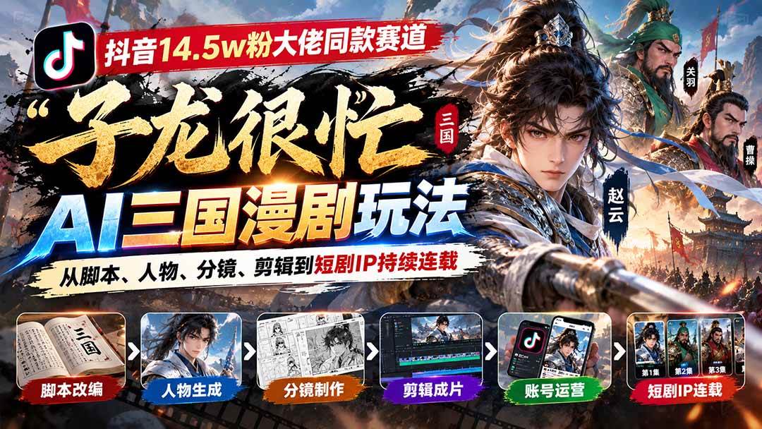 （20818期）抖音14.5w粉大佬同款赛道「子龙很忙」AI三国漫剧玩法：从脚本、人物、分镜、剪辑到短剧IP持续连载-卓越网创