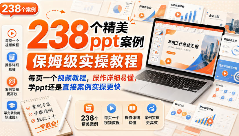 238个精美ppt案例保姆级实操教程,每页一个视频教程,操作详细易懂,学ppt还是直接案例实操更快-卓越网创