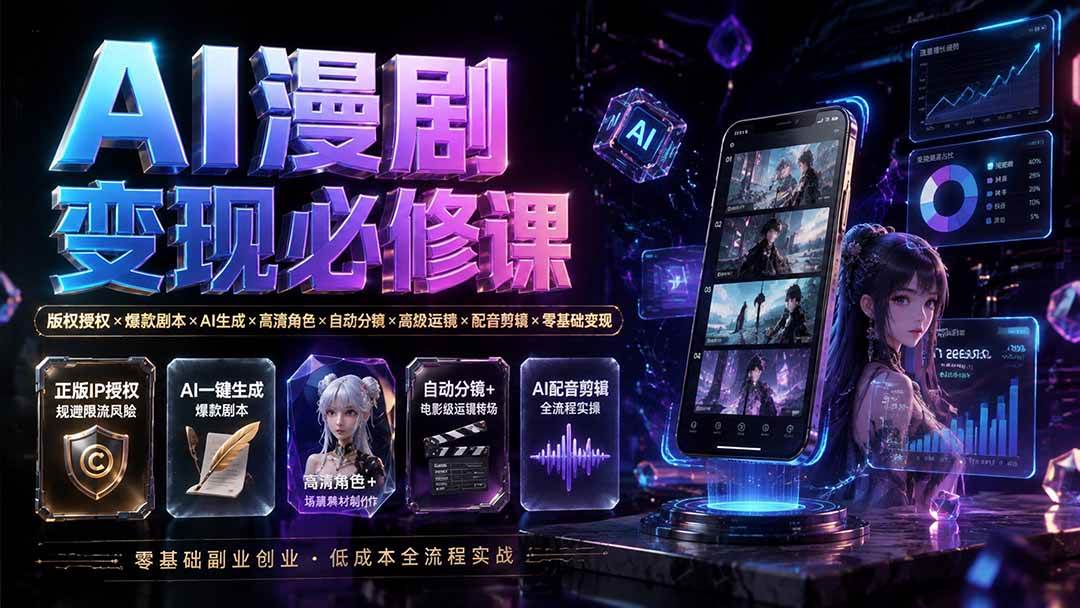 （19664期）AI漫剧变现必修课：版权授权×爆款剧本×AI生成×高清角色×自动分镜×高级运镜×配音剪辑×零基础变现-卓越网创