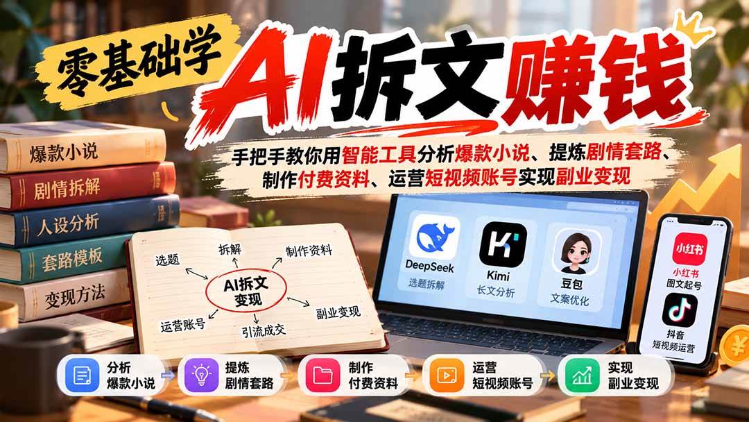 （21030期）零基础学AI拆文赚钱：手把手教你用智能工具分析爆款小说、提炼剧情套路、制作付费资料、运营短视频账号实现副业变现-卓越网创