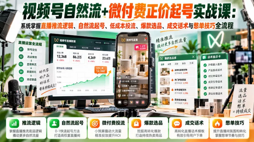 视频号自然流+微付费正价起号实战课：系统掌握直播推流逻辑、自然流起号、低成本投流、爆款选品、成交话术与憋单技巧全流程-卓越网创
