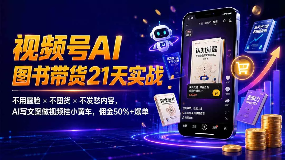 繁花视频号AI图书带货21天实战：不用露脸×不囤货×不发愁内容，AI写文案做视频挂小黄车，佣金50%+爆单