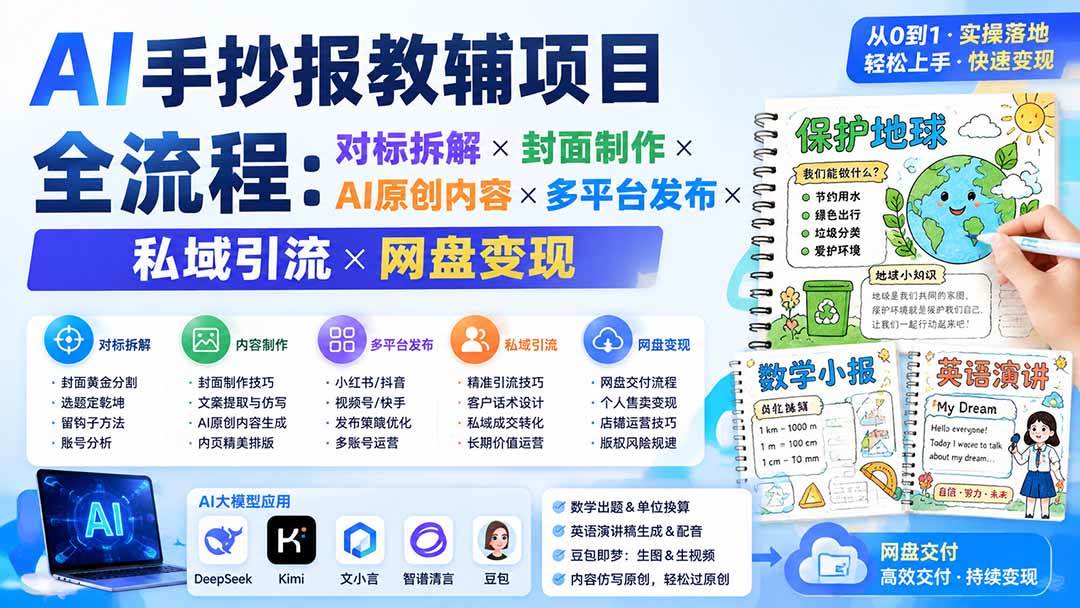 (19785期)AI手抄报教辅项目全流程:对标拆解×封面制作×AI原创内容×多平台发布×私域引流×网盘变现 (19785期)AI手抄报教辅项目全流程:对标拆解×封面制作×AI原创内容×多平台发布×私域引流×网盘变现
