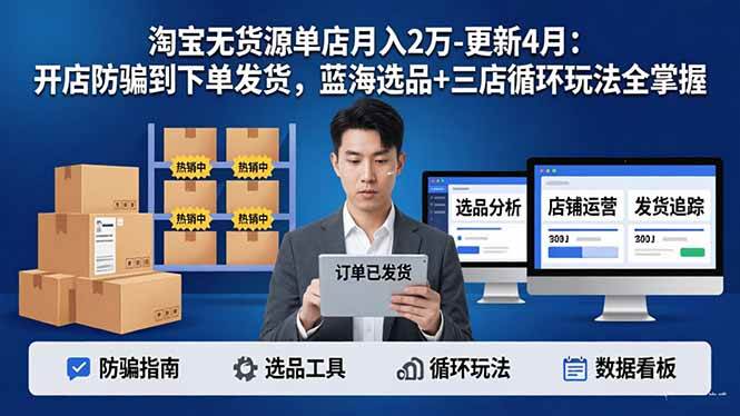 （17988期）淘宝无货源单店月入2万-更新4月：开店防骗到下单发货，蓝海选品+三店循环玩法全掌握-卓越网创