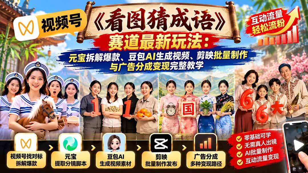 （21060期）视频号《看图猜成语》赛道最新玩法：元宝拆解爆款、豆包AI生成视频、剪映批量制作与广告分成变现完整教学-卓越网创