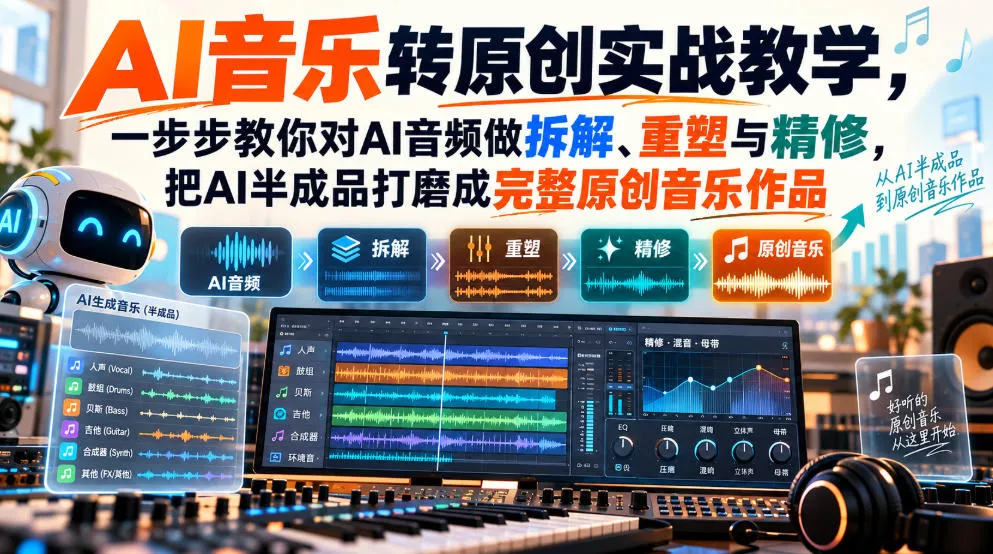 AI音乐转原创实战教学，一步步教你对AI音频做拆解、重塑与精修，把AI半成品打磨成完整原创音乐作品-卓越网创