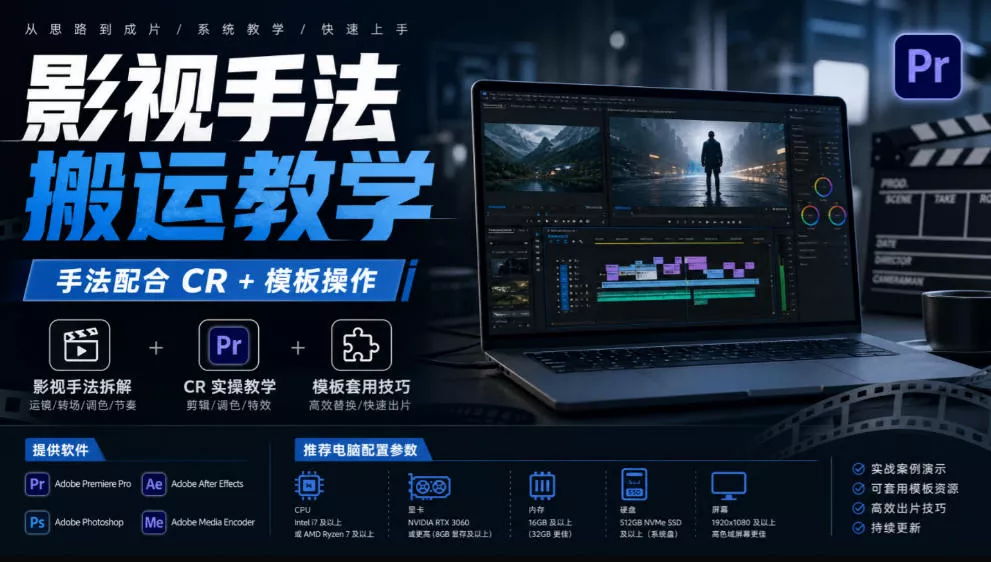 影视手法搬运教学，手法配合CR+模板操作，需要电脑，提供软件+配置参数-卓越网创