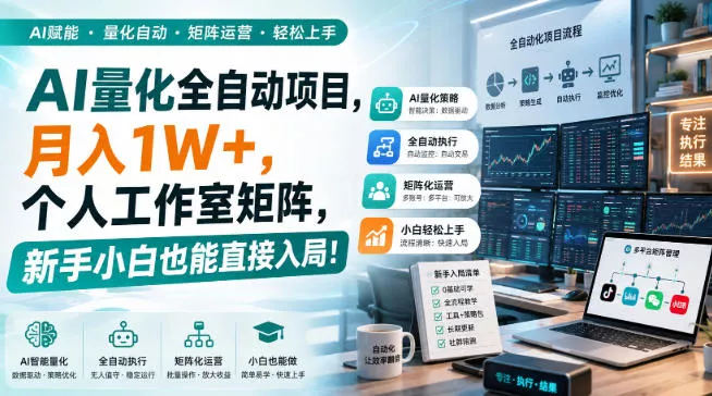 AI量化全自动挂机，月入1W+，个人工作室矩阵，新手小白也能直接入局！-卓越网创